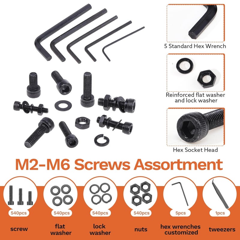 Hapric 2160 Pcs Metric Screw Assortment Metric Bolts M2 M3 M4 M5 M6 Nuts and Bolt Kit, 12.9 Alloy Steel Black Zinc Plated Hex Socket Head Screws Nuts Bolts and Washers Set - Image 3
